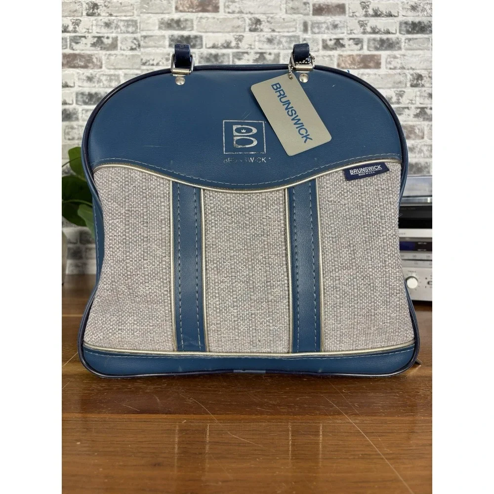 ⭐️Brunswick Retro Blue Bowling Ball Bag Vintage Vinyl⭐️w/ Tweed Fabric Top Carry